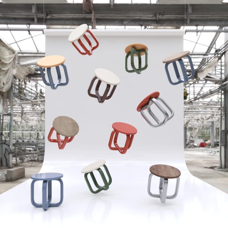 explosiçon de taburetes modelo denge de la marca merang, diferentes colores y materiales