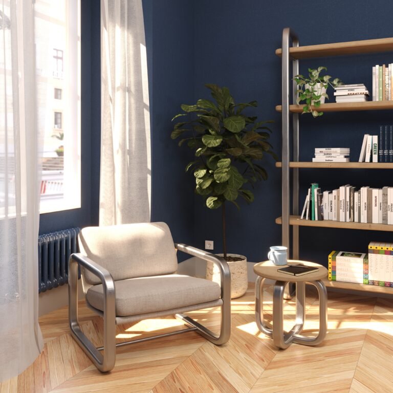 denge stool, shelve system and armchair in a blue-painted room