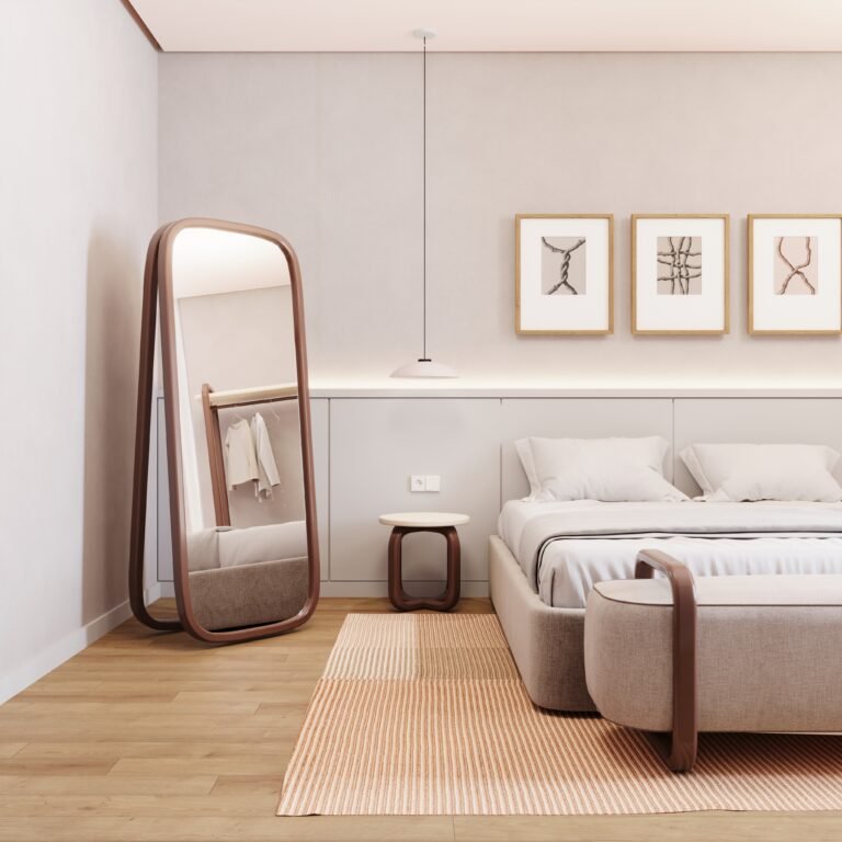 denge ottoman, stool and mirror in a hotel room